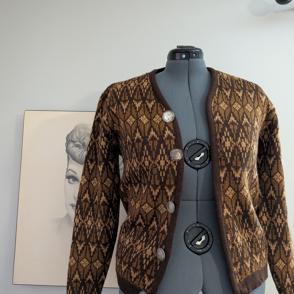 Vintage Pure Virgin Wool Brown and Tan Cardigan